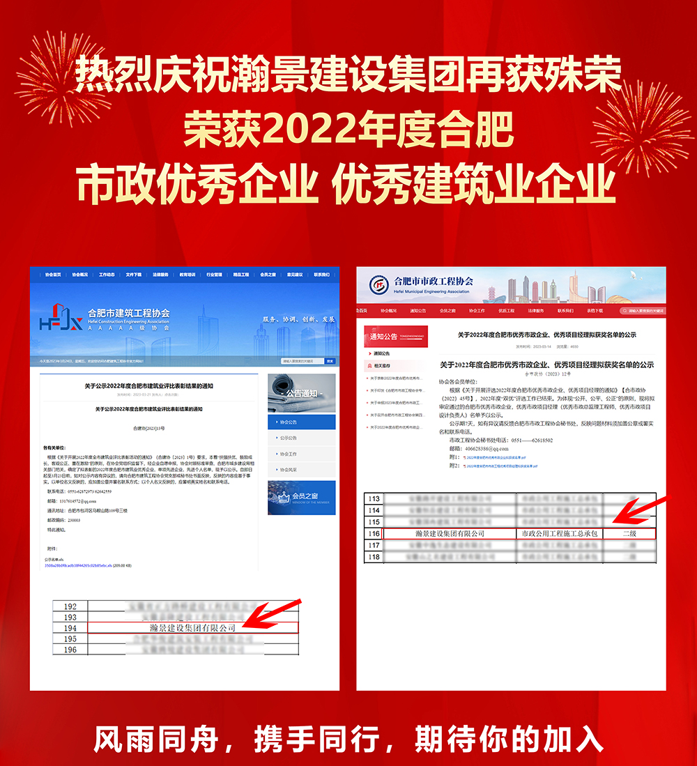 荣获2022度合肥市政优秀企业-合肥优秀建筑业企业